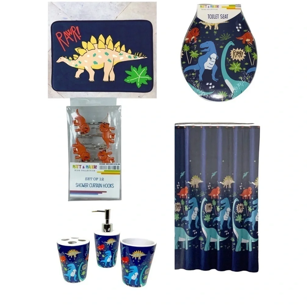 Matt & Maddie Dinosaur Fabric Shower Curtain 70 X 72 In Dark Blue Multicolor
